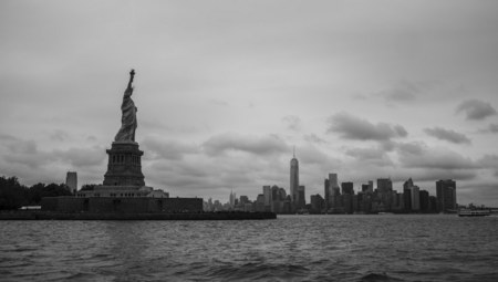 One World Trade Center and the Statue of Liberty, New York City, New York, USA