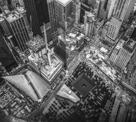 National September 11 Memorial & Museum photographed from One World Trade Center, New York City, New York, USA. 